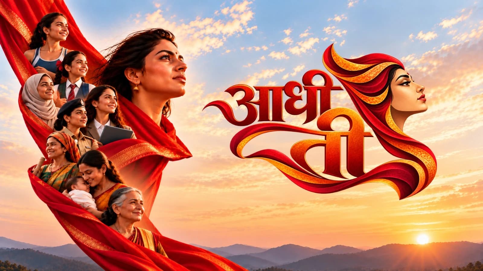 आधी ती: सूर्योदयाच्या पार्श्वभूमीवर सर्व पिढ्यांतील महिला एकत्र.